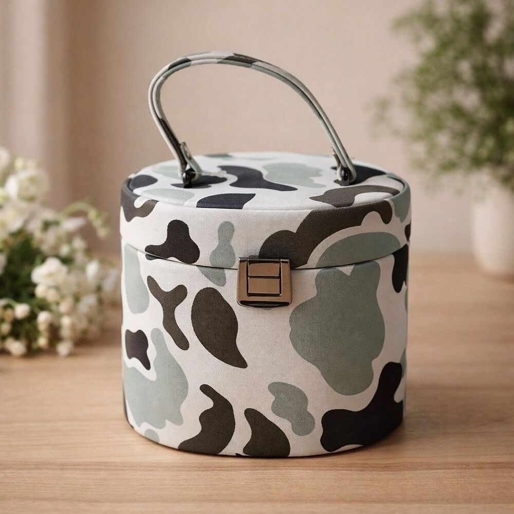 Vintage Wolf Designs 1997 Round Travel Jewelry Case Camouflage Print Hard Shell